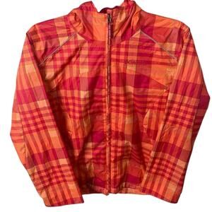 Columbia Girls Hooded Mesh Lined Rain Jacket Coat Plaid Pink Orange Size Large